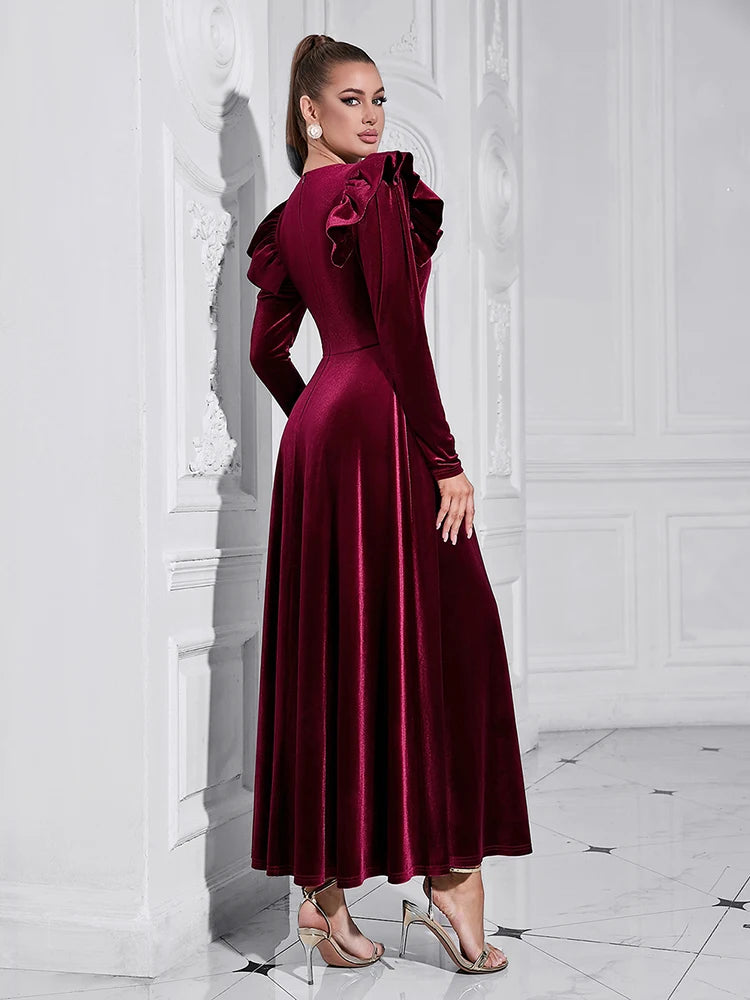 V Neck Ruffles Long Sleeve Velvet Button Slim A line Maxi Dress