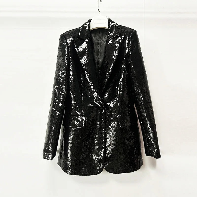 Bling Shiny Sequins Turn-down Collar Long Sleeve Blazer Shorts Set