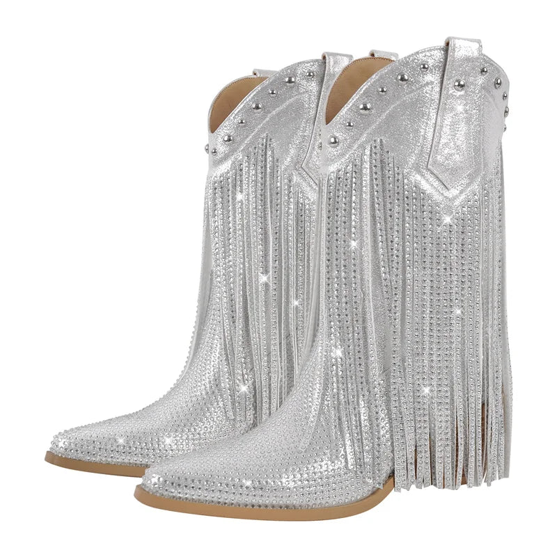 Pointed Toe Rhinestone Bling Pointed Toe Fringe Mid Boots