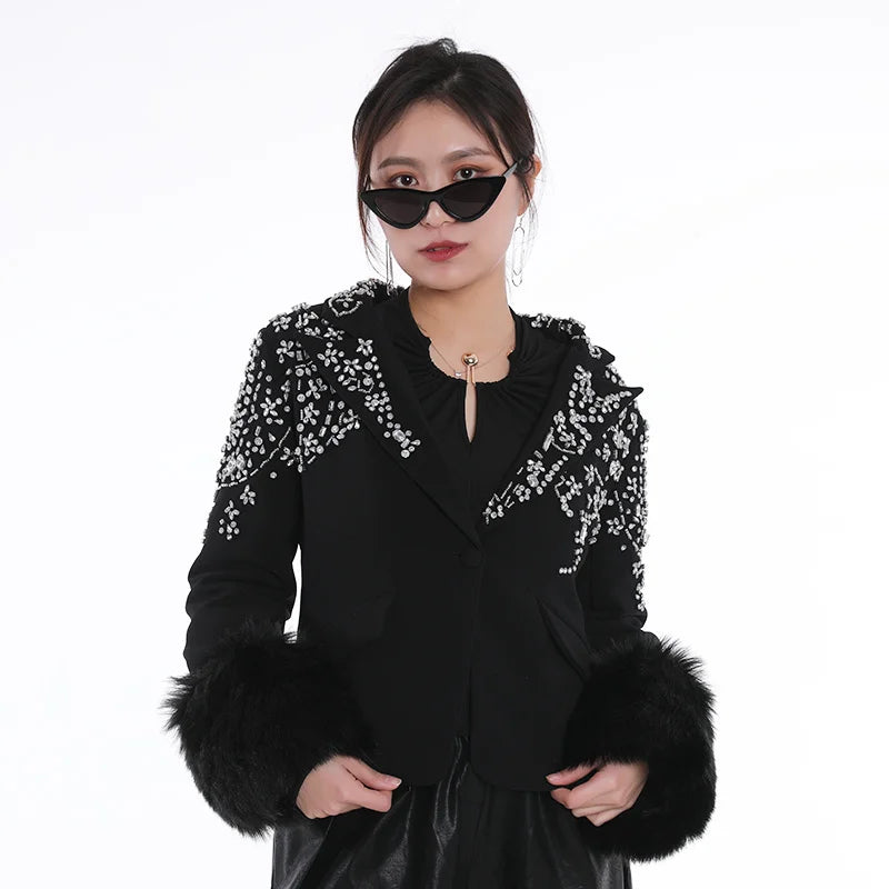 Irregular Rhinestone Single Button Feather Spliced Sleeve Blazer