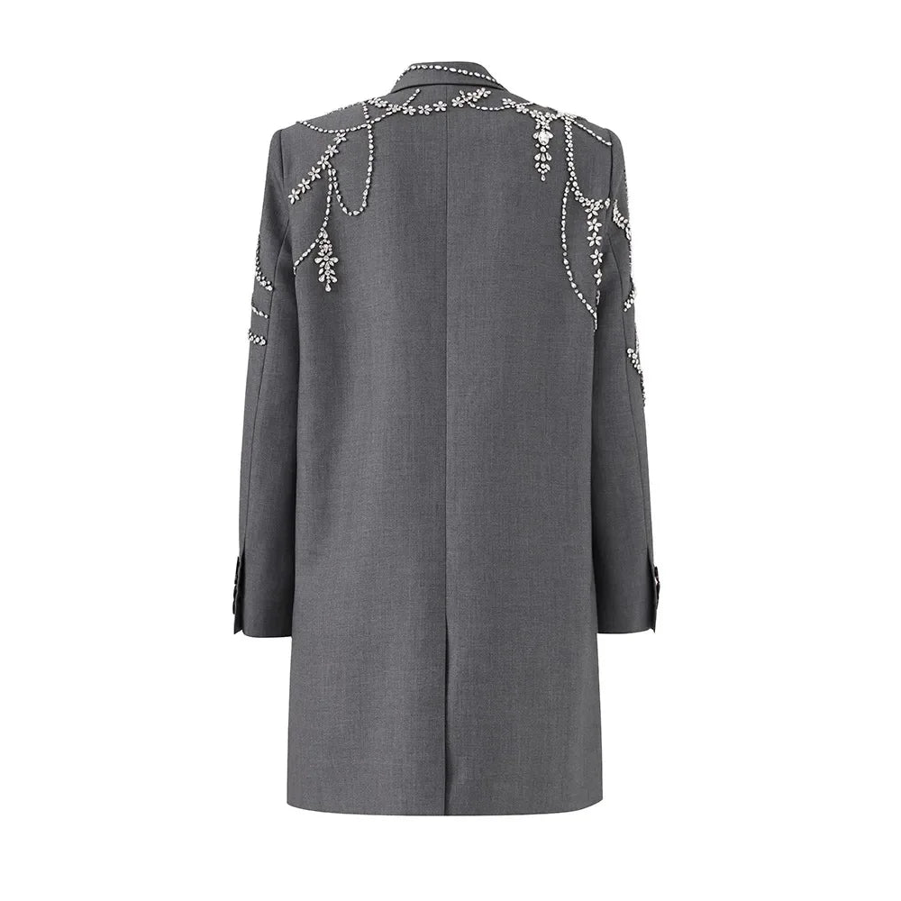 Crystal Inlaid Diamond Long Double Breasted Button Blazer Dress