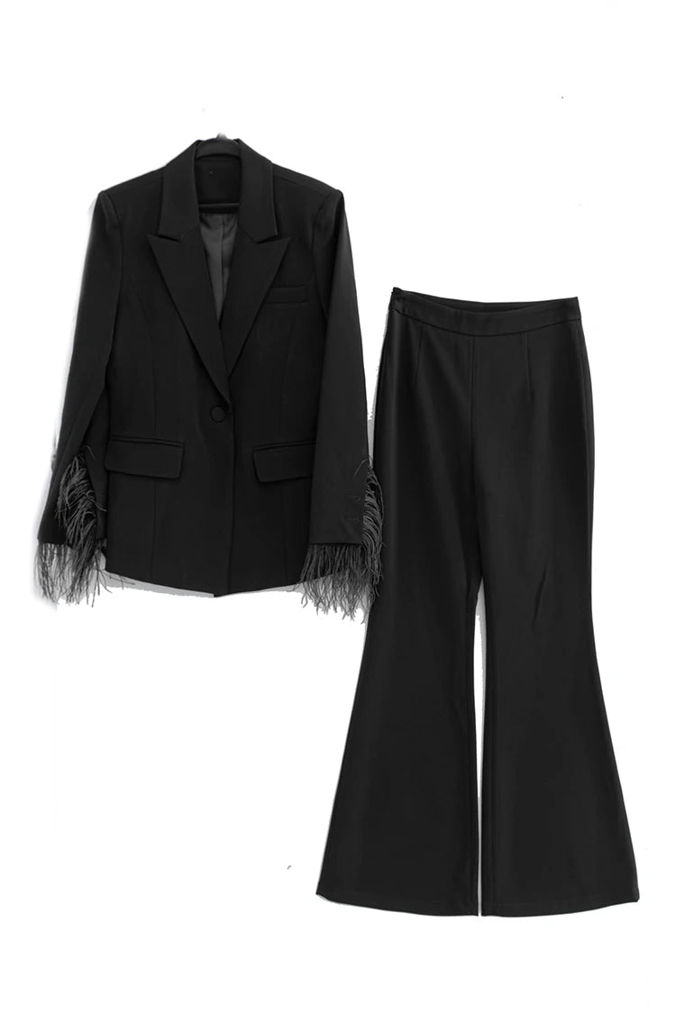 Lapel Caller Tassels Feather Long Sleeve Blazer Straight Trousers Set