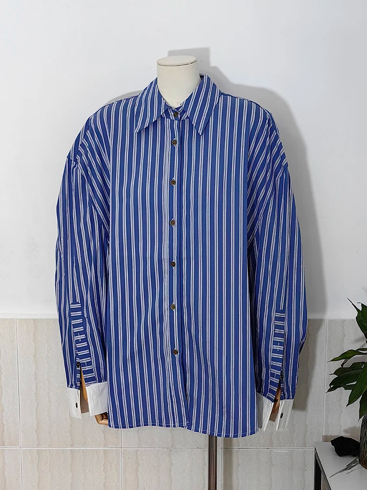 Stripe Lapel Colour Single Breasted Loose Casual Cotton Blouse Shirt