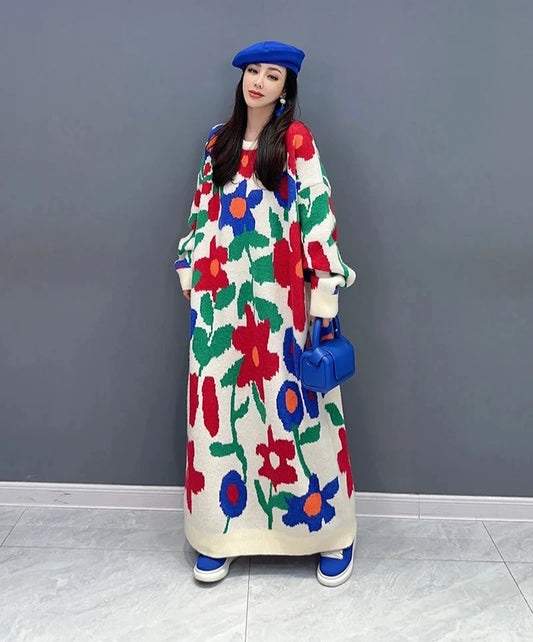 Floral Printed O Neck Long Sleeve Thick Knitted Maxi Pullover Dress