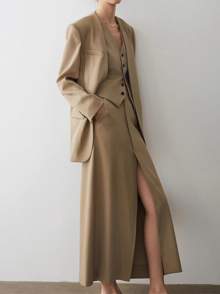 Long Sleeve Blazer Single Button V Neck Waistcoat Maxi Slit Skirt Sets