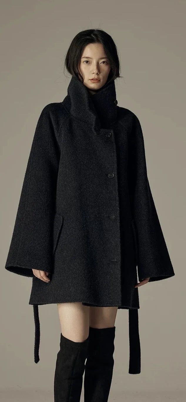 Turtleneck Loose Single Breasted Sashes Short Blends Woollen Overcoat