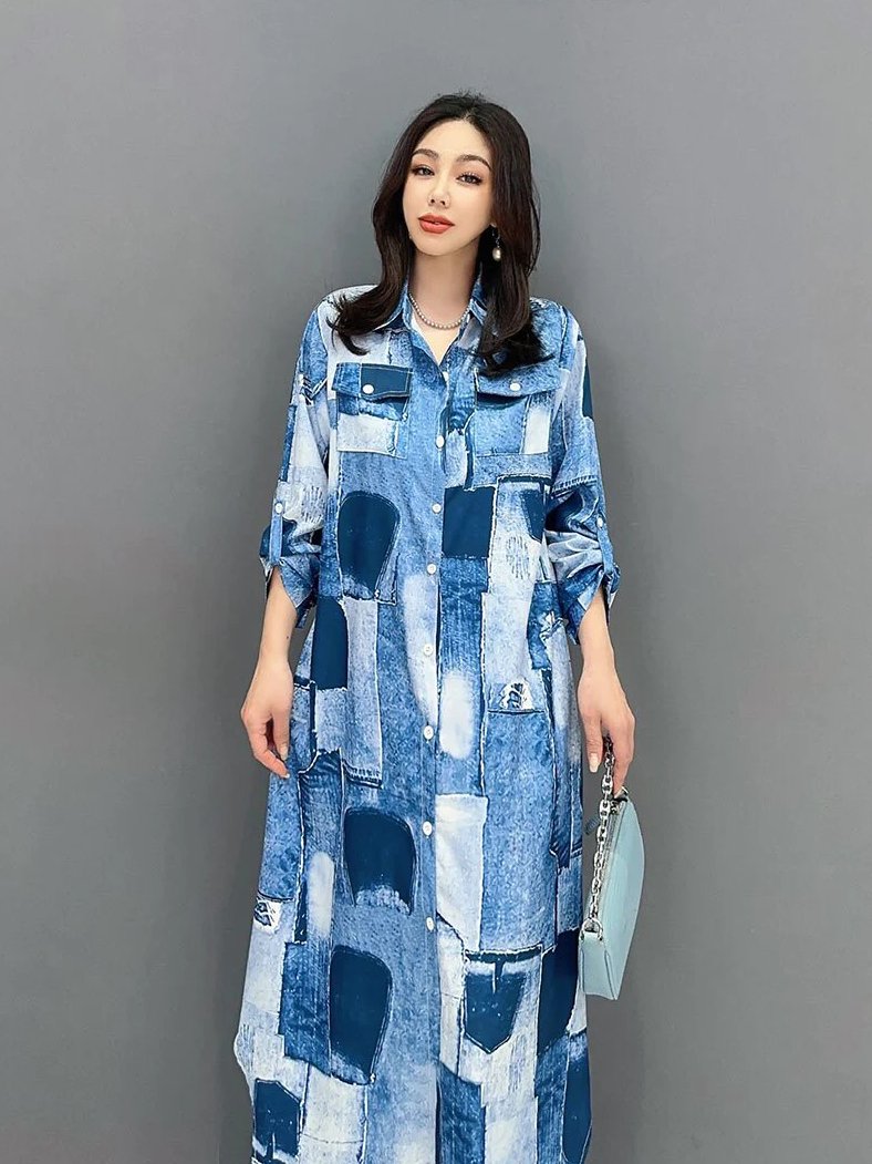 Polo Neck Print Denim Spliced A-LINE Casual Maxi Dress