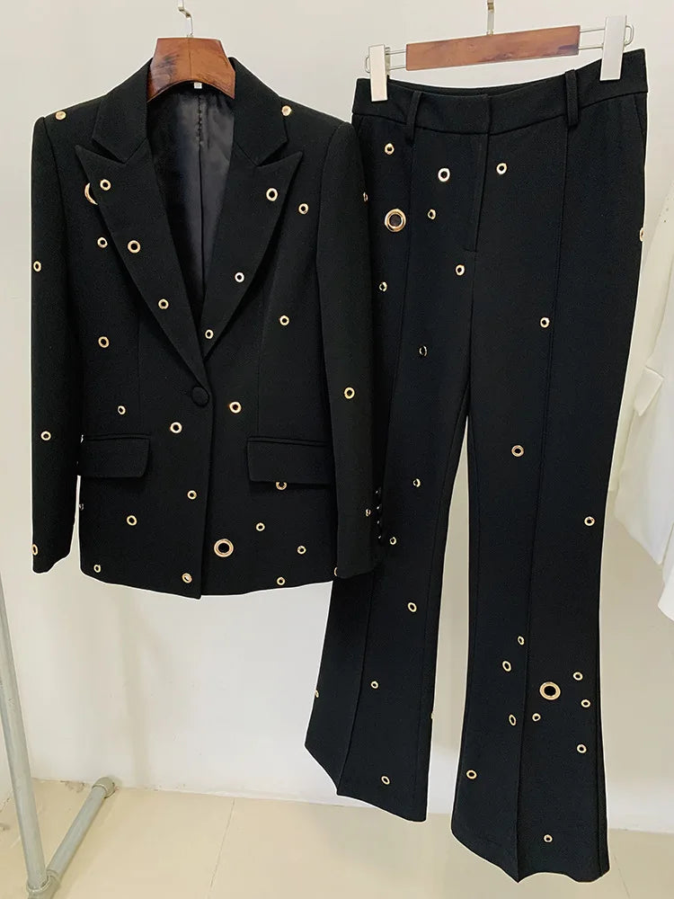 Hollow Decor Single Button Rivet Eyelet Lapel Blazer Mid Waist Trouser Set