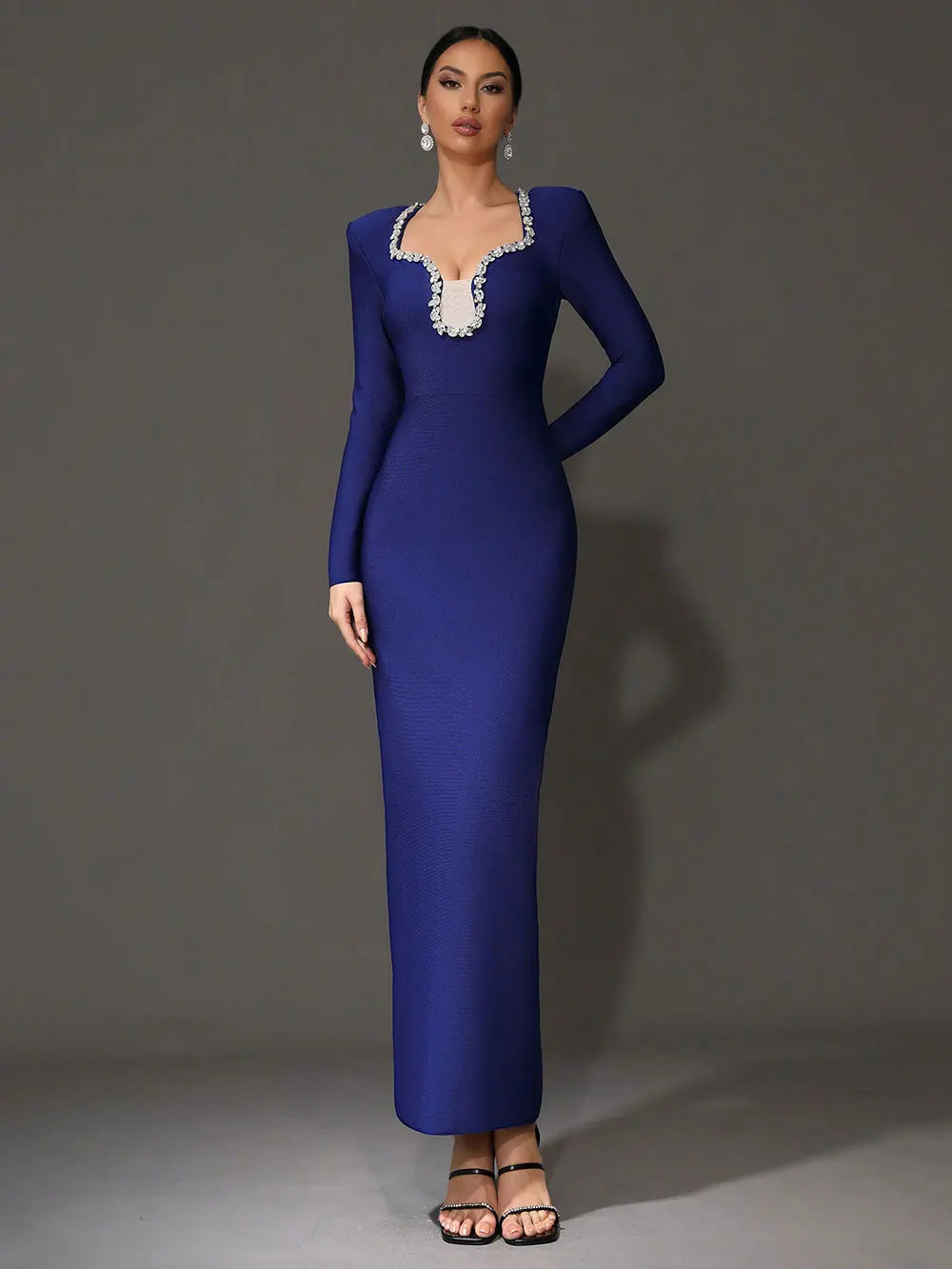 Diamond Decor V Neck Long Sleeve Bandage Maxi Dress