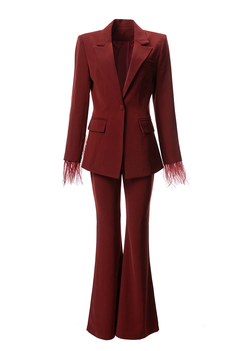 Lapel Caller Tassels Feather Long Sleeve Blazer Straight Trousers Set