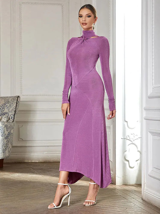 Turtleneck Long Sleeve Hollow Out Maxi Dress