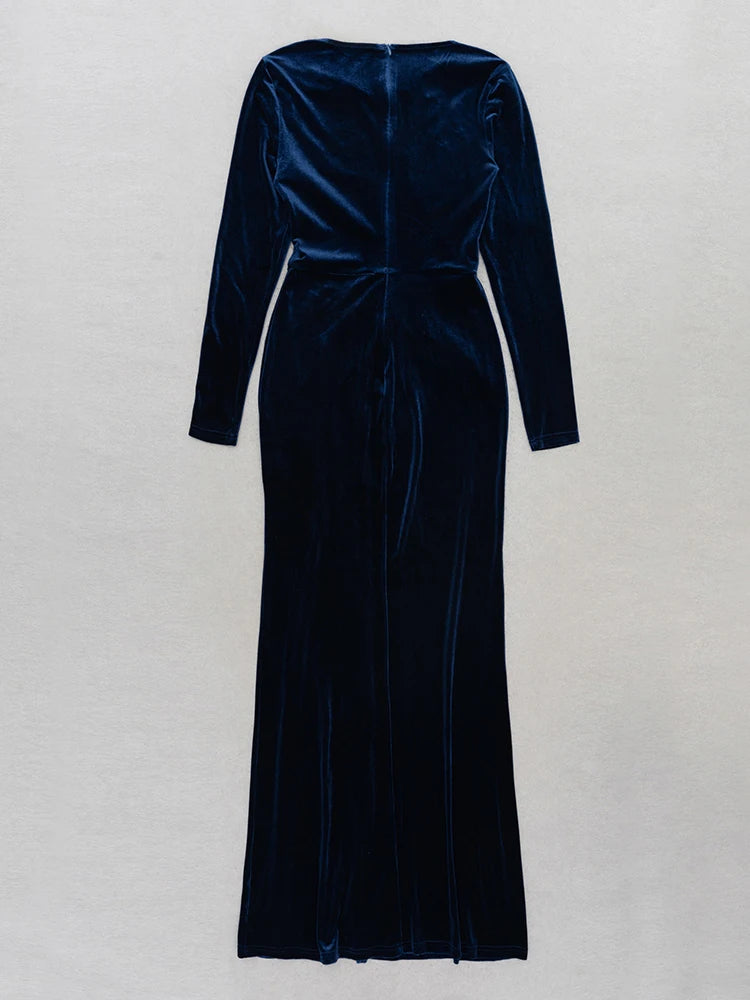 Asymmetrical Neck Long Sleeves Velvet Hollow Out Split Maxi Dress