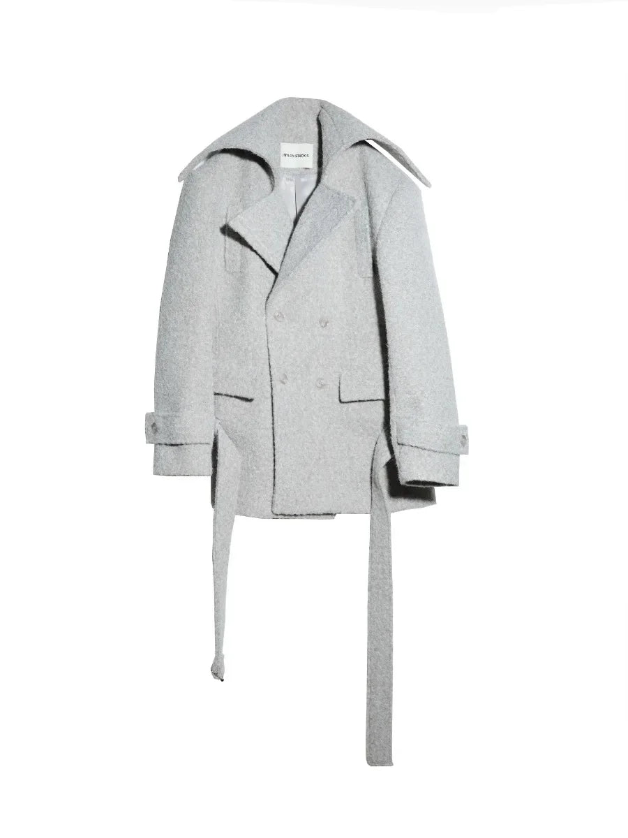 Patchwork Pockets Belted Long Sleeve Spliced Button Woollen Coat