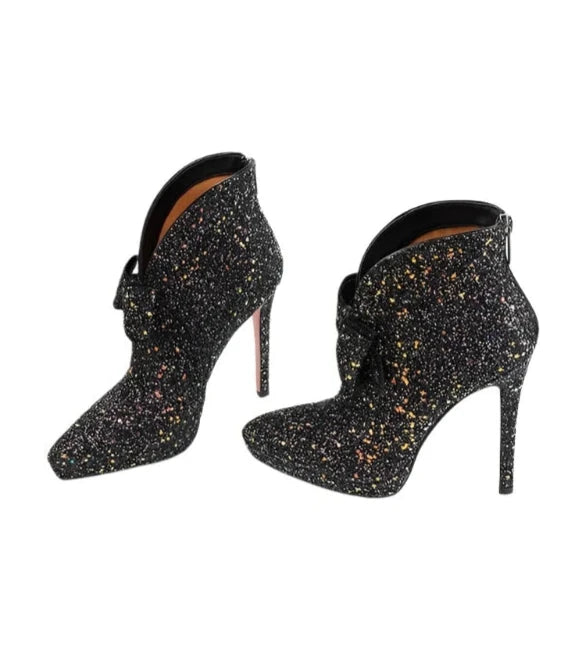 Bling Glitter Bowtie Thin High Heels Slip On Ankle Boots