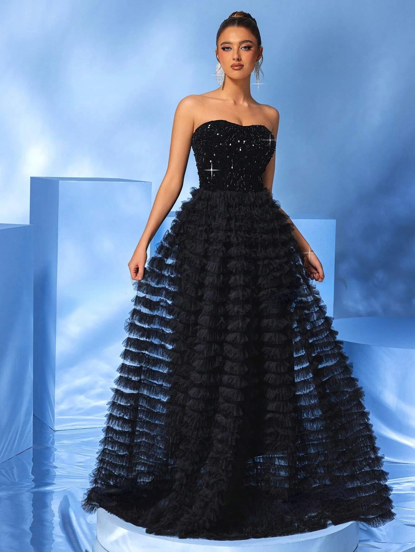 Strapless Black With Rhinestone Decoration Formal Maxi Dress