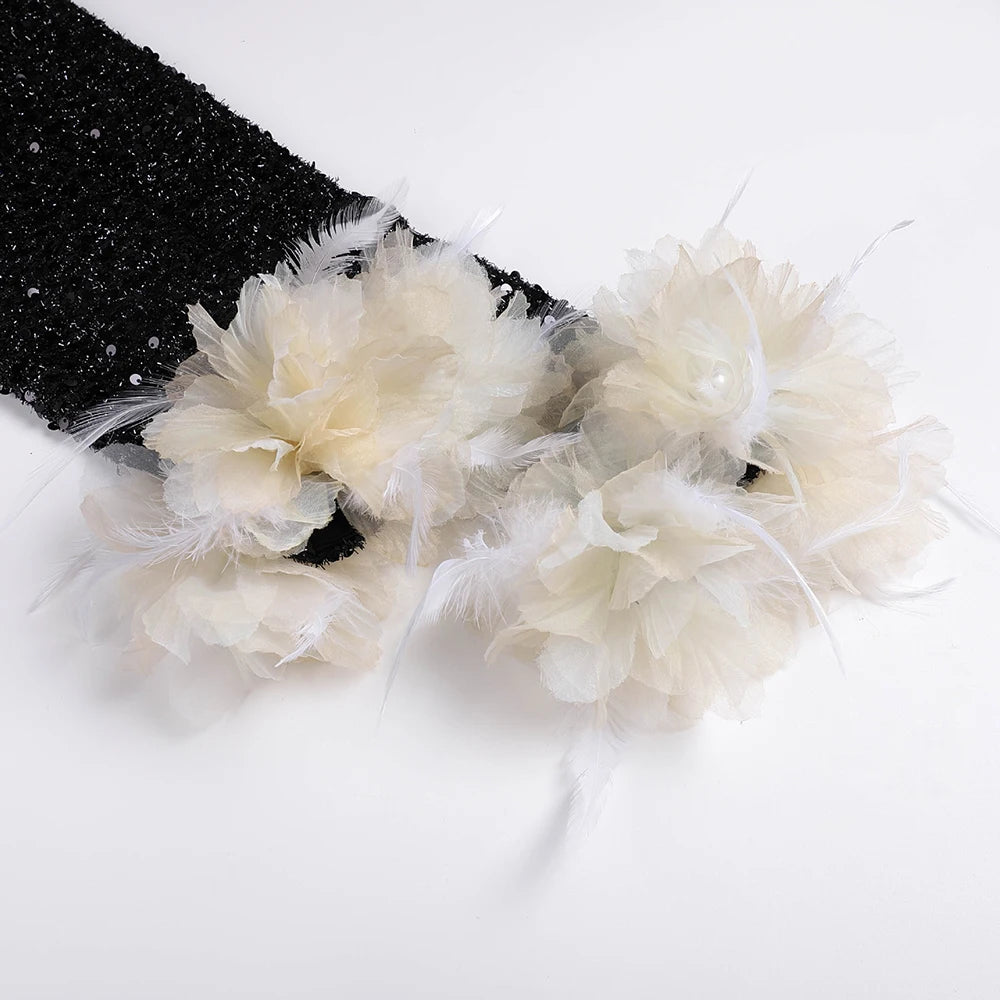 Long sleeved Mesh Spliced Sequin Feather Flower High Split Maxi Dress
