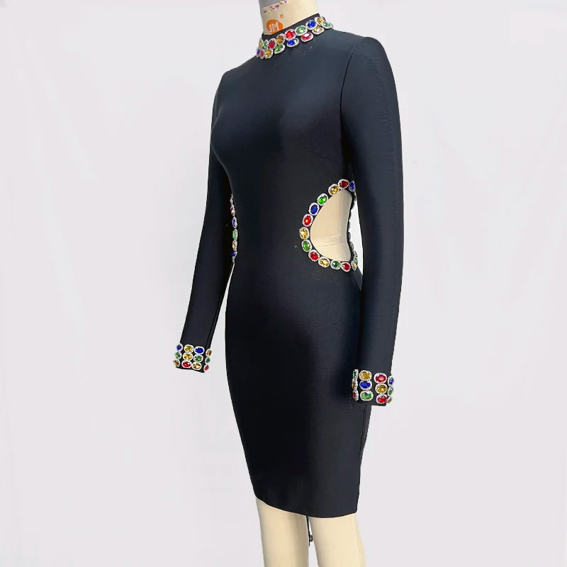 Long Sleeve Colourful Crystal Waist Hollow Out Mini Bandage Dress