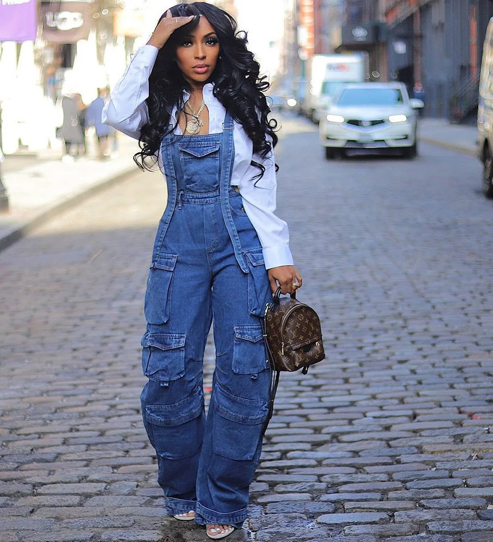 Adjustable Shoulder Strap Multiple Pockets Loose Wide Leg Denim Jumpsuits