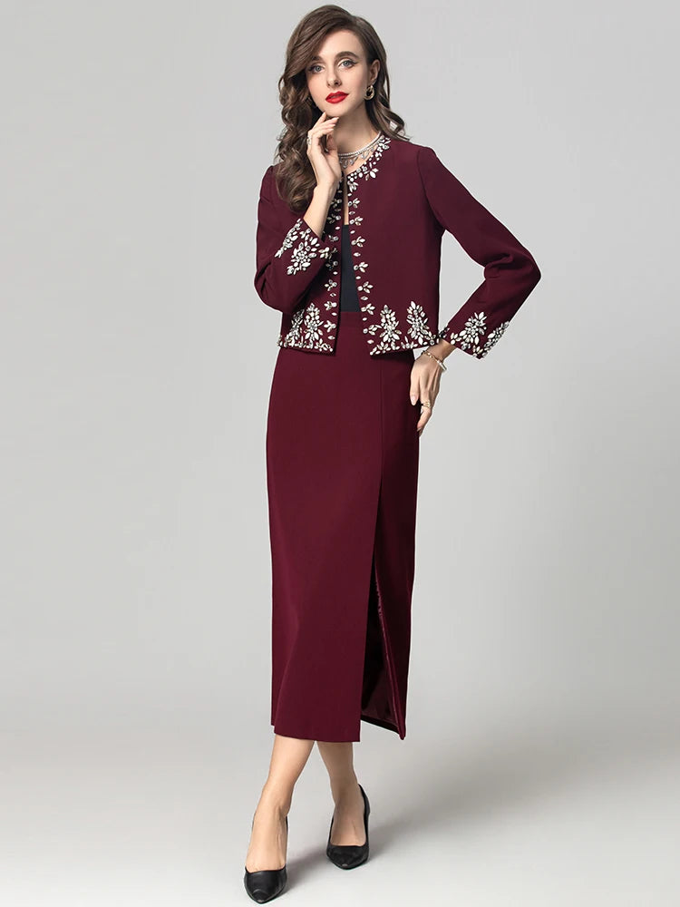 O-Neck Long Sleeves Diamonds Jacket Split Long Pencil Mid Skirt Set