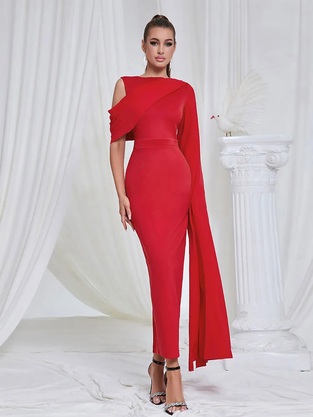 O-neck Single Shoulder Oversized Trumpet Sleeve Maxi Dress