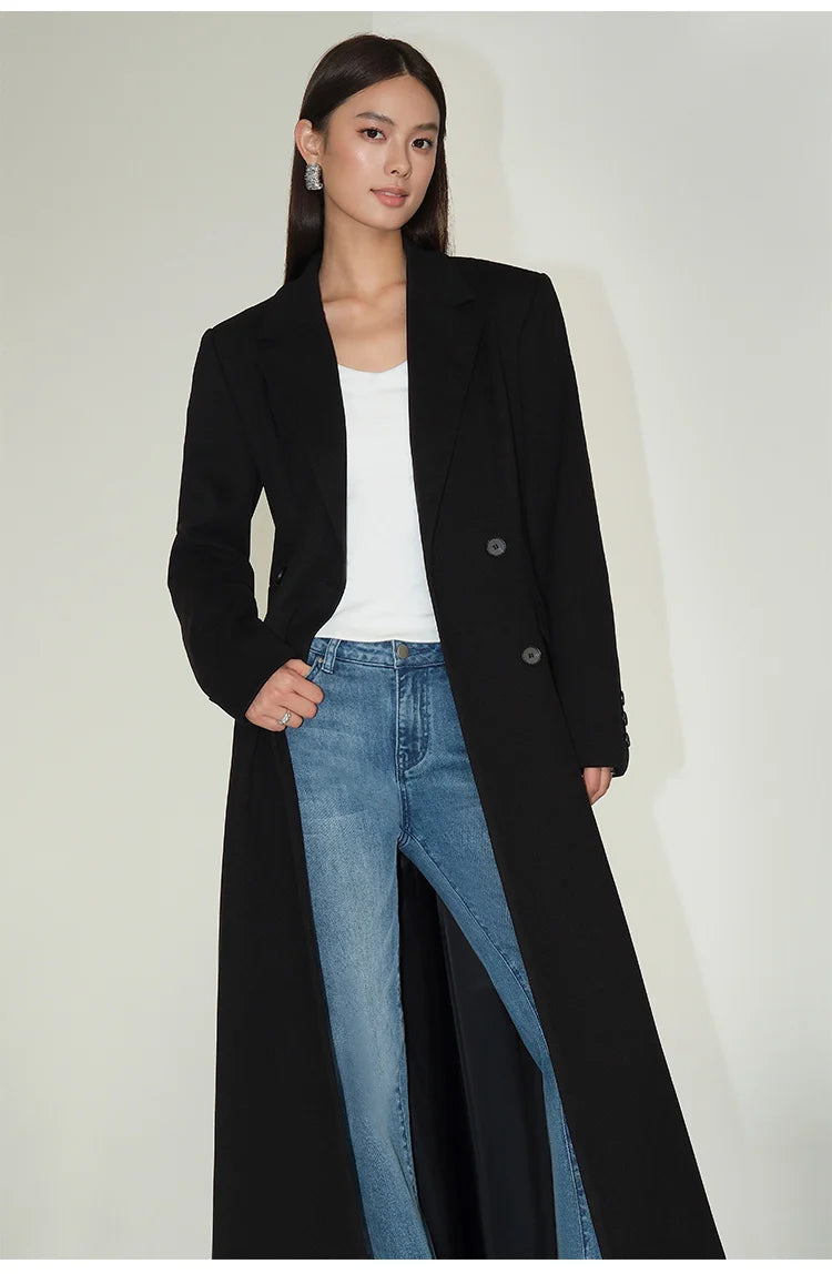 Lapel Double Breasted Full Sleeve Button Woollen Maxi Overcoat