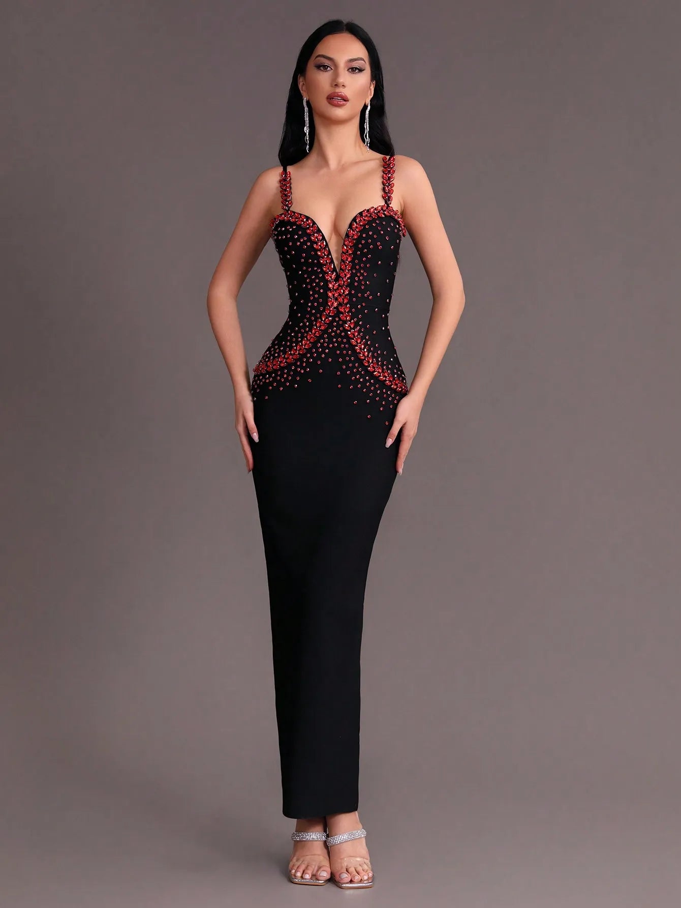 Tight V-Neck Sleeveless Diamonds Decor Maxi Bandage Dress