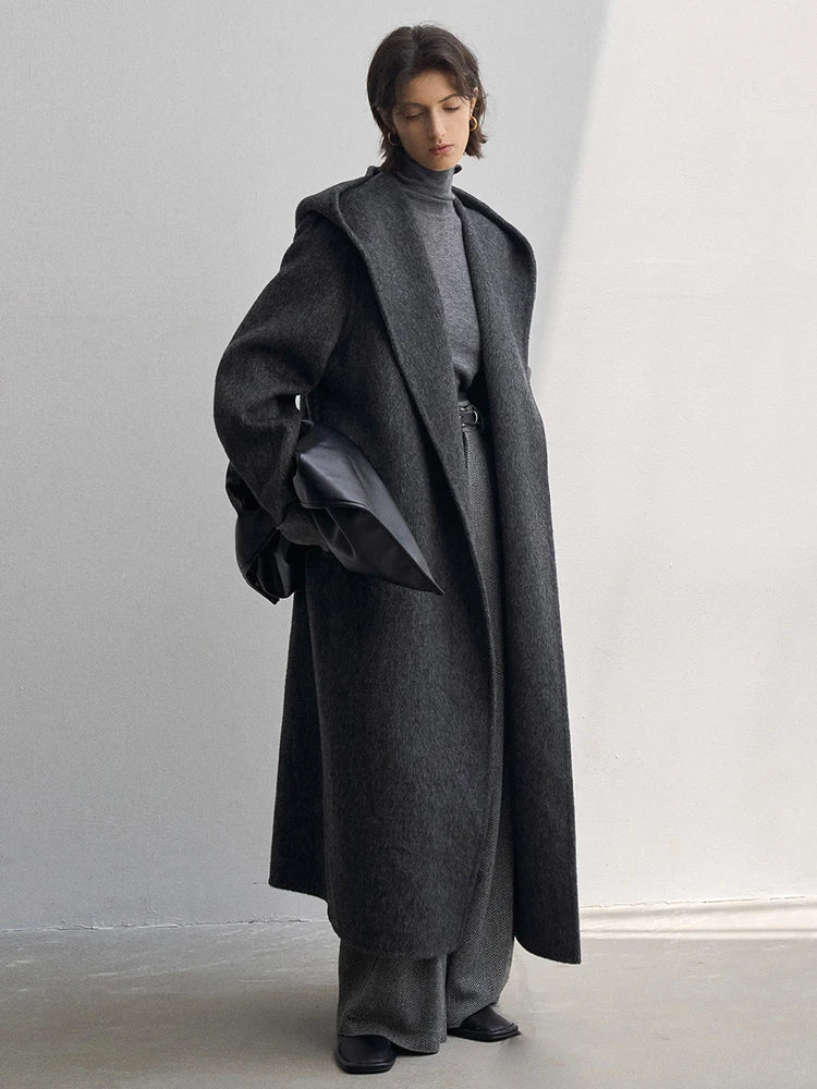 Hooded Long Sleeves Sashes Double Side Wool loose Blends Overcoat