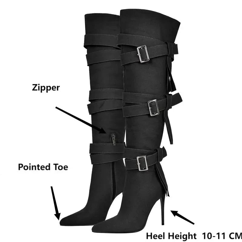 Pointed Toe Canvas Buckle Strap Thin High Heel Zipper Knee High Boots