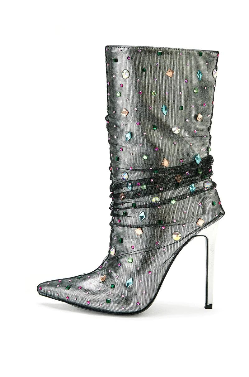 Diamonds Crystal Mesh Pointed Toe High Heels Mid calf Boots