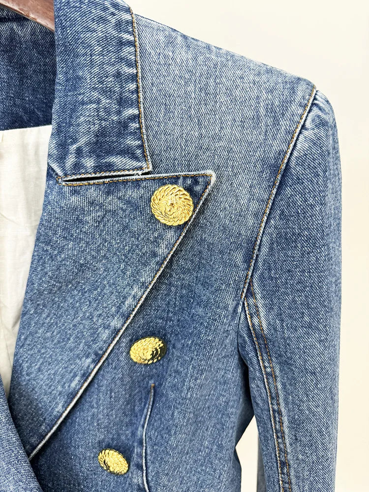 Double Breasted Lion Buttons Denim Blazer Back Zipped Mini Skirt Set