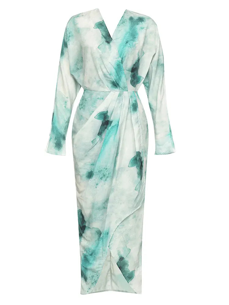 Tie Dyed V-neck Bat Sleeve Slim Fit Asymmetric Maxi Dress