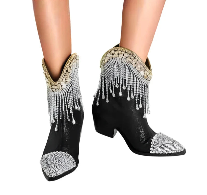 Rhinestone Diamond Tassel Pointed Toe Square Heel Ankle Boots