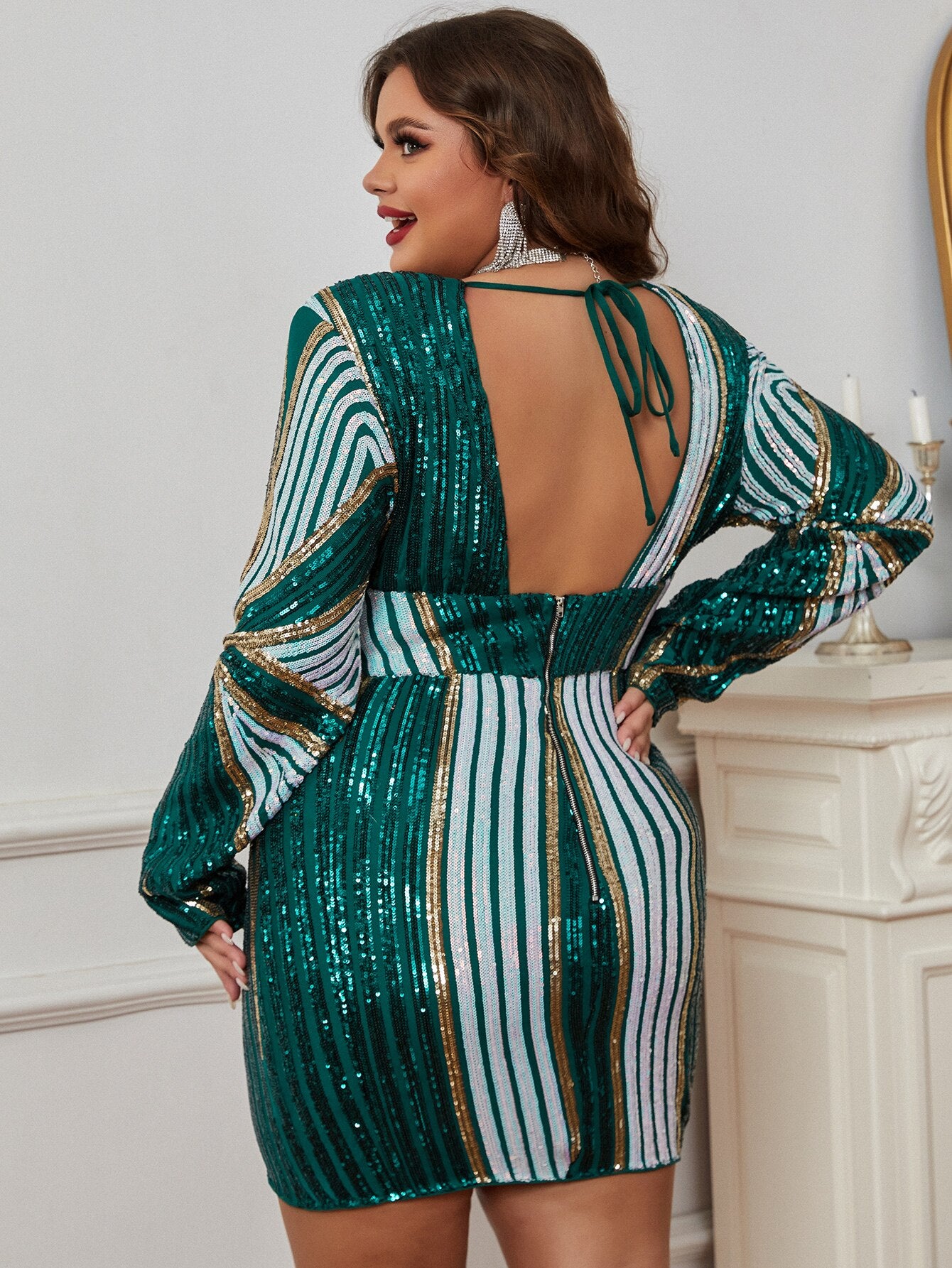 Plunging Neck Sequin Backless Lace Up Maxi Dress