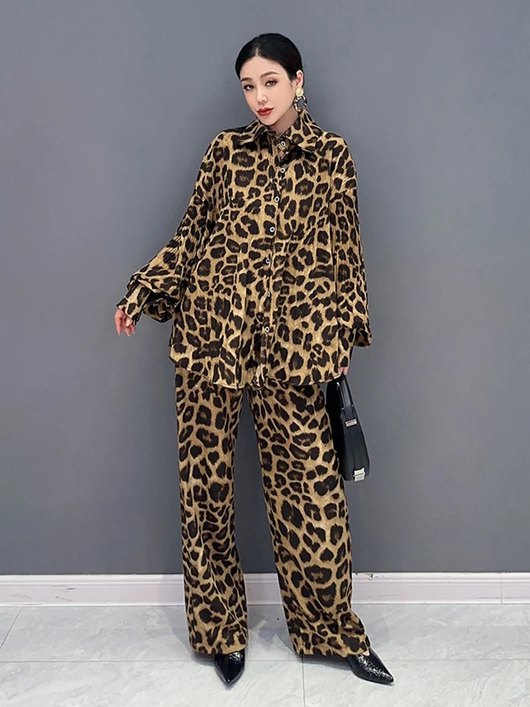 Leopard Print Lapel Single Breasted Shirt Casual Straight Trousers Set