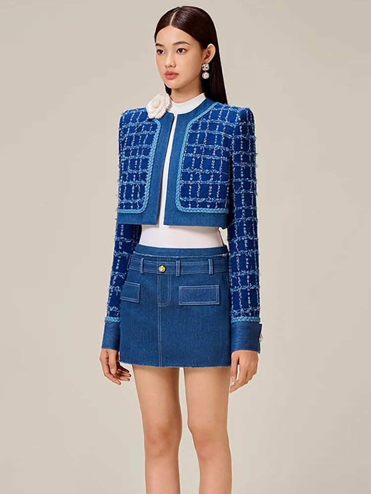 Plaid Long Sleeve Denim Short Coat Waist Button Mini Denim Skirt Set