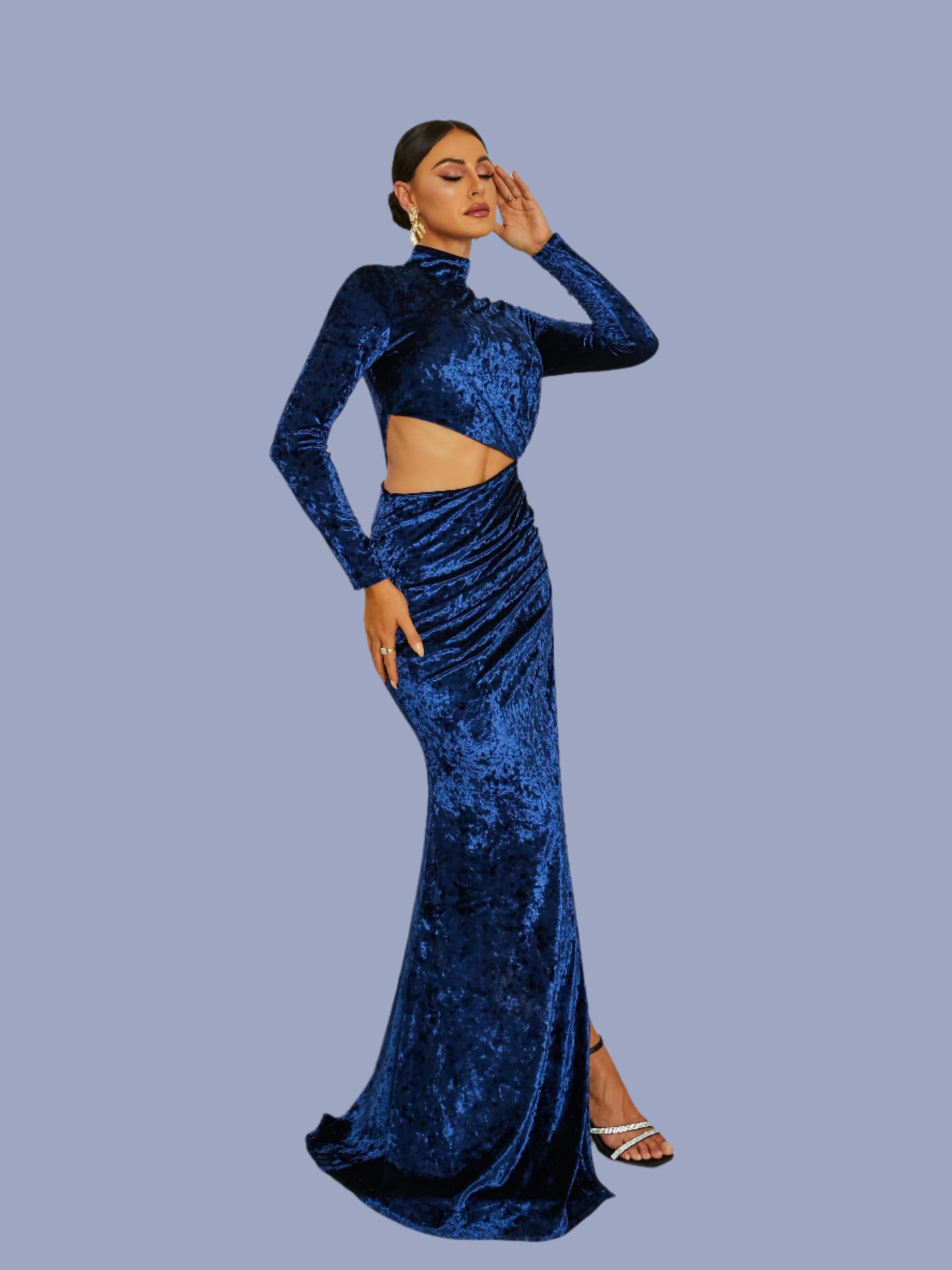 Cut out O Neck Long Sleeve Velvet Split Evening Maxi Dress