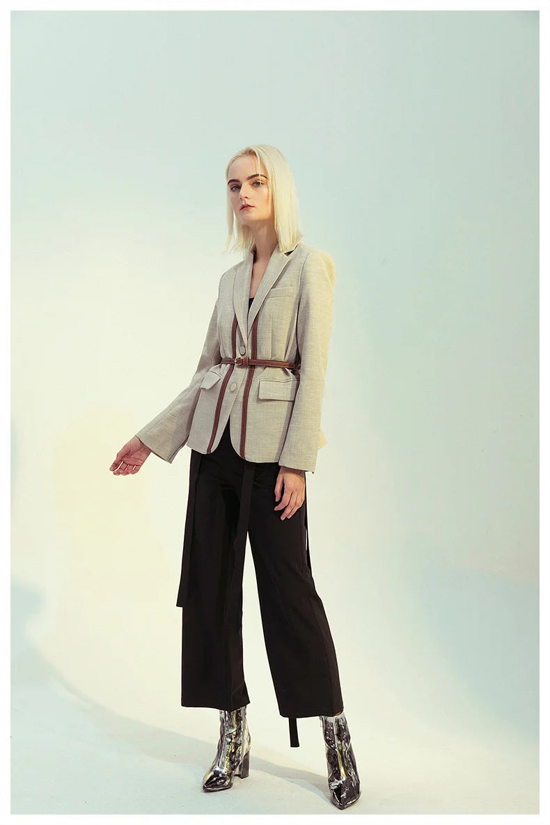 Notched Collar Spliced Contrasting Colours PU Leather Belt Blazer