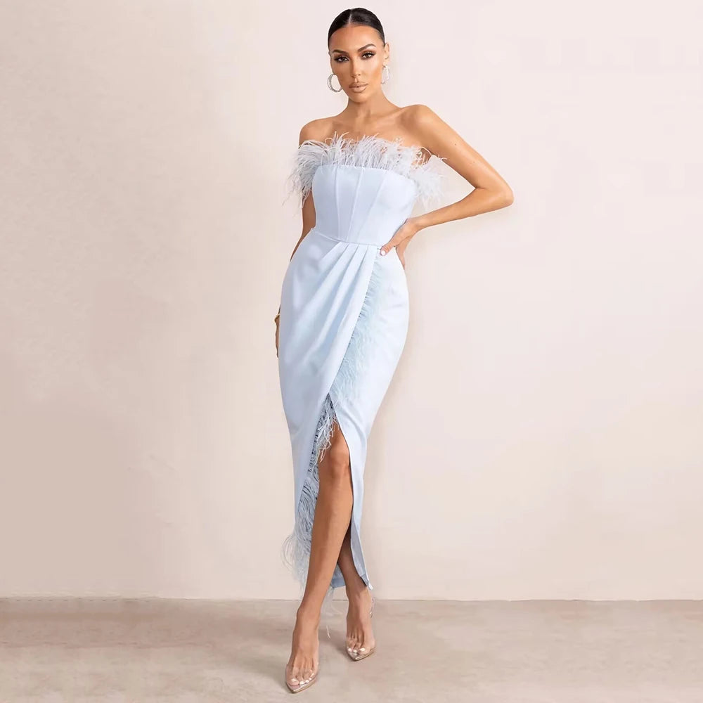 Strapless Feather Tight Split Bandage Maxi Dress