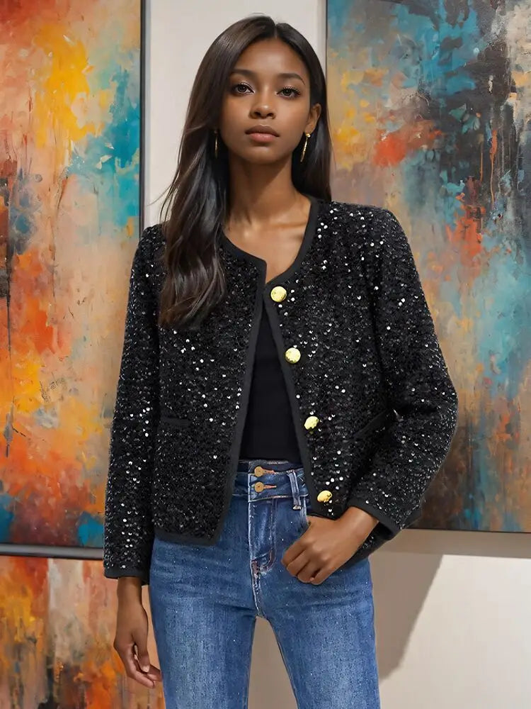 Sequin Tweed Single breasted O neck Long Sleeve Mini Jacket