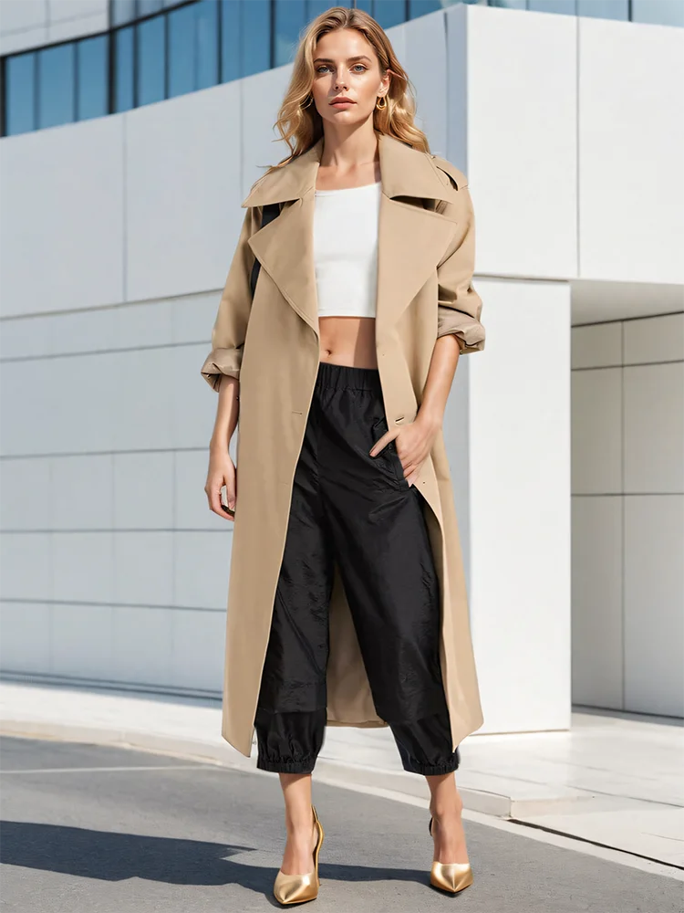 Lace-up Lapel Double Breasted Pockets Windbreaker Mid Trench Coat