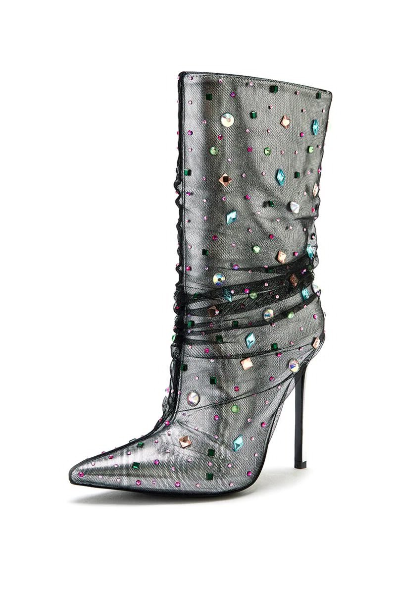 Diamonds Crystal Mesh Pointed Toe High Heels Mid calf Boots