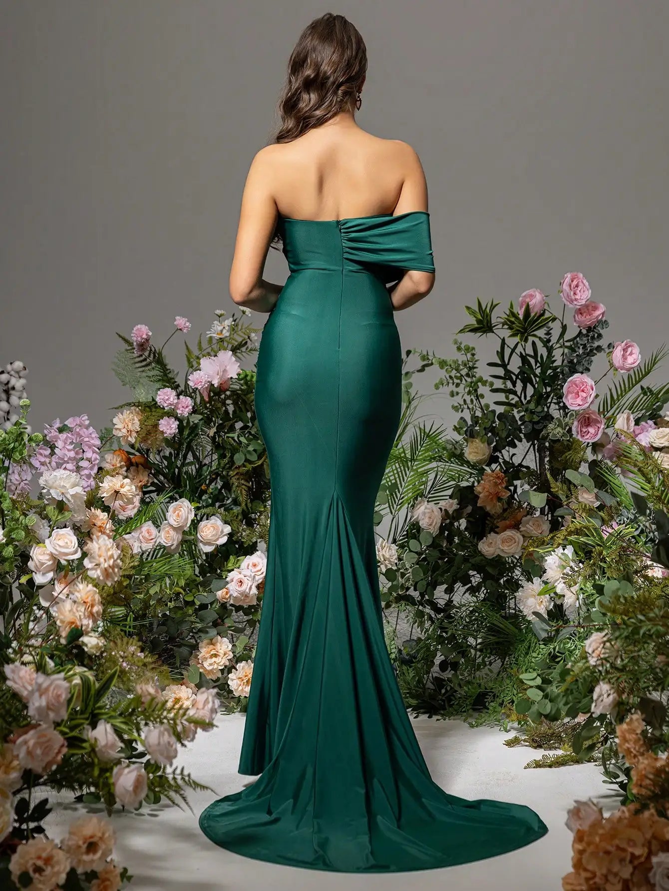 Off The Shoulder Green Mermaid Split Thigh Evening Maxi Dress