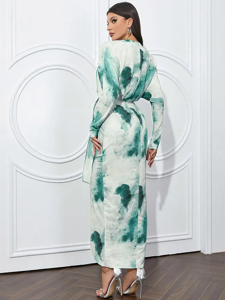 Tie Dyed V-neck Bat Sleeve Slim Fit Asymmetric Maxi Dress