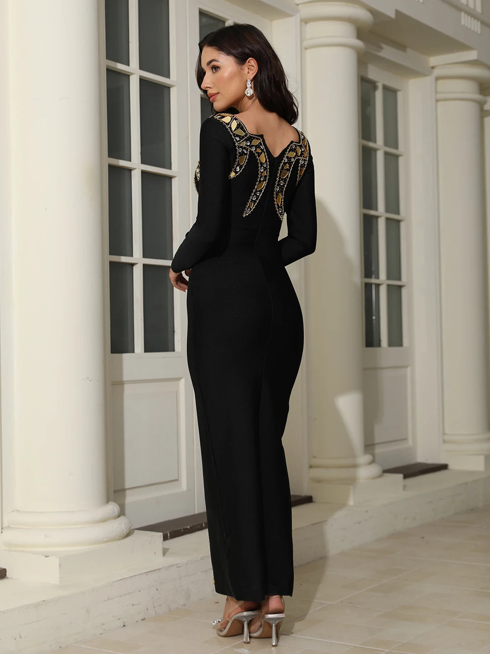 Toothed Collar Long Sleeve Sequins High Split Bandage Maxi Dress