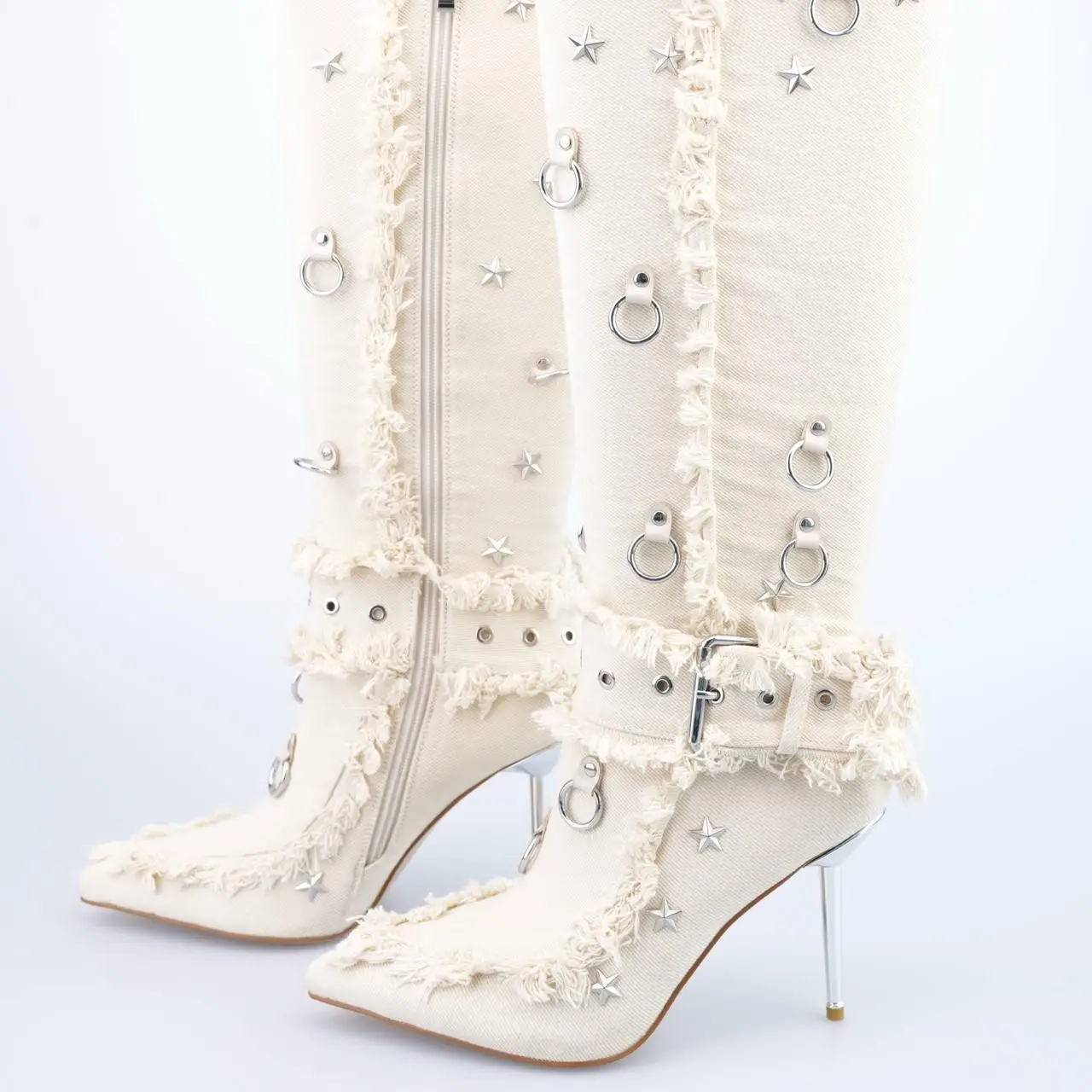 Buckle Star Rivet Decor Pointed Toe Thin Heels Knee High Boots