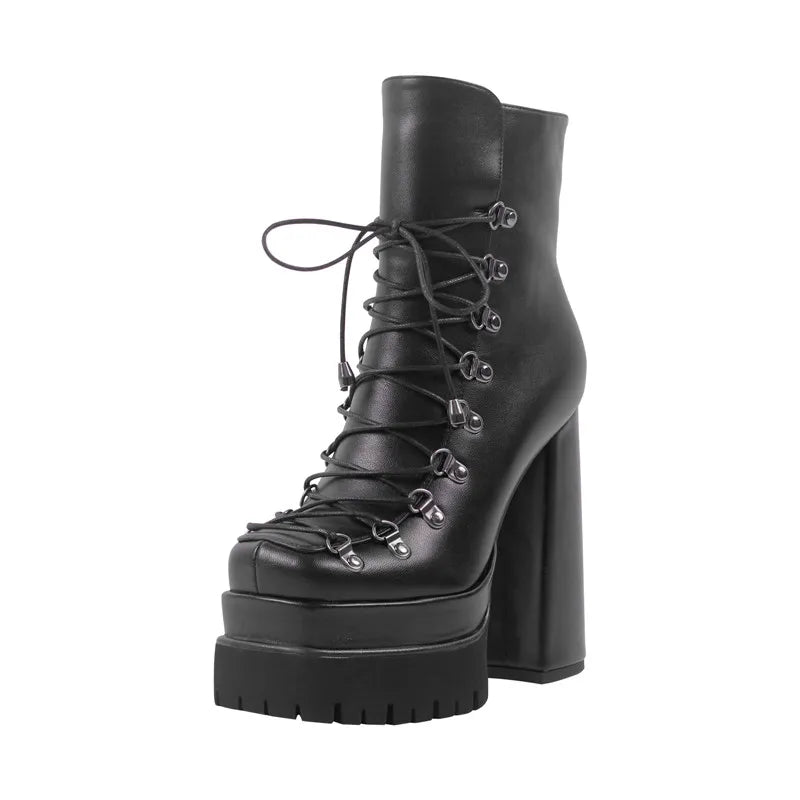 Pu Leather Matte Double Platform Side Zipper Lace-up Ankle Boots