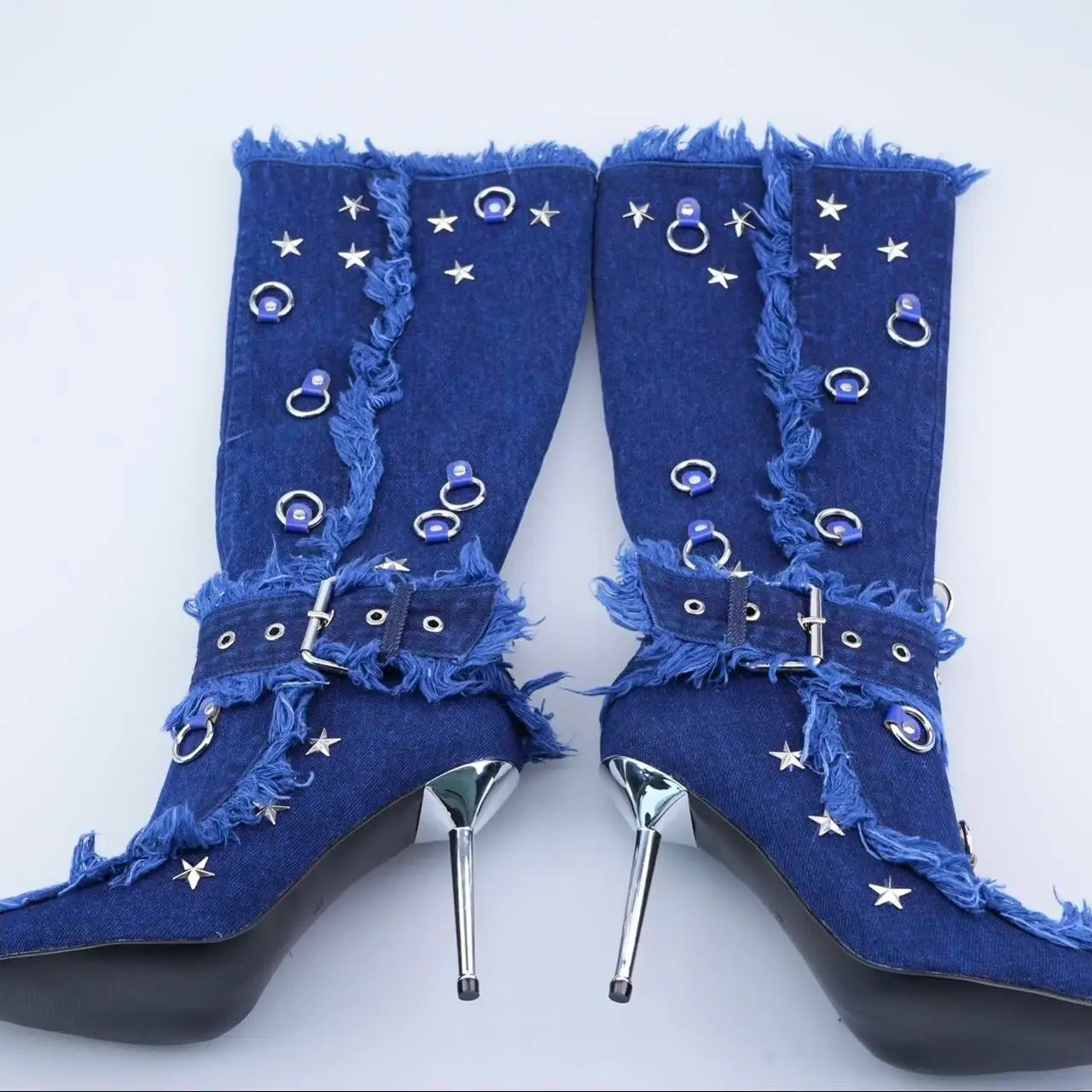 Buckle Star Rivet Decor Pointed Toe Thin Heels Knee High Boots