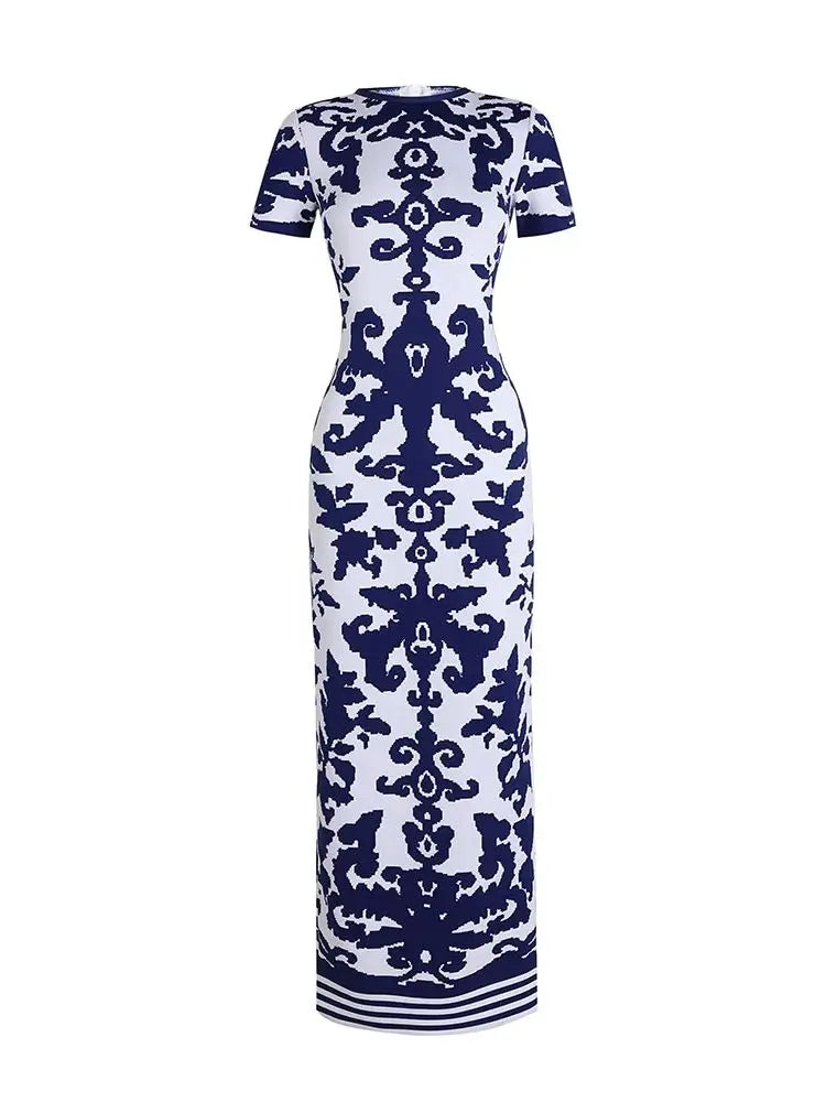 Short Sleeve Blue & White Porcelain Printed Tight Bandage Maxi Dress