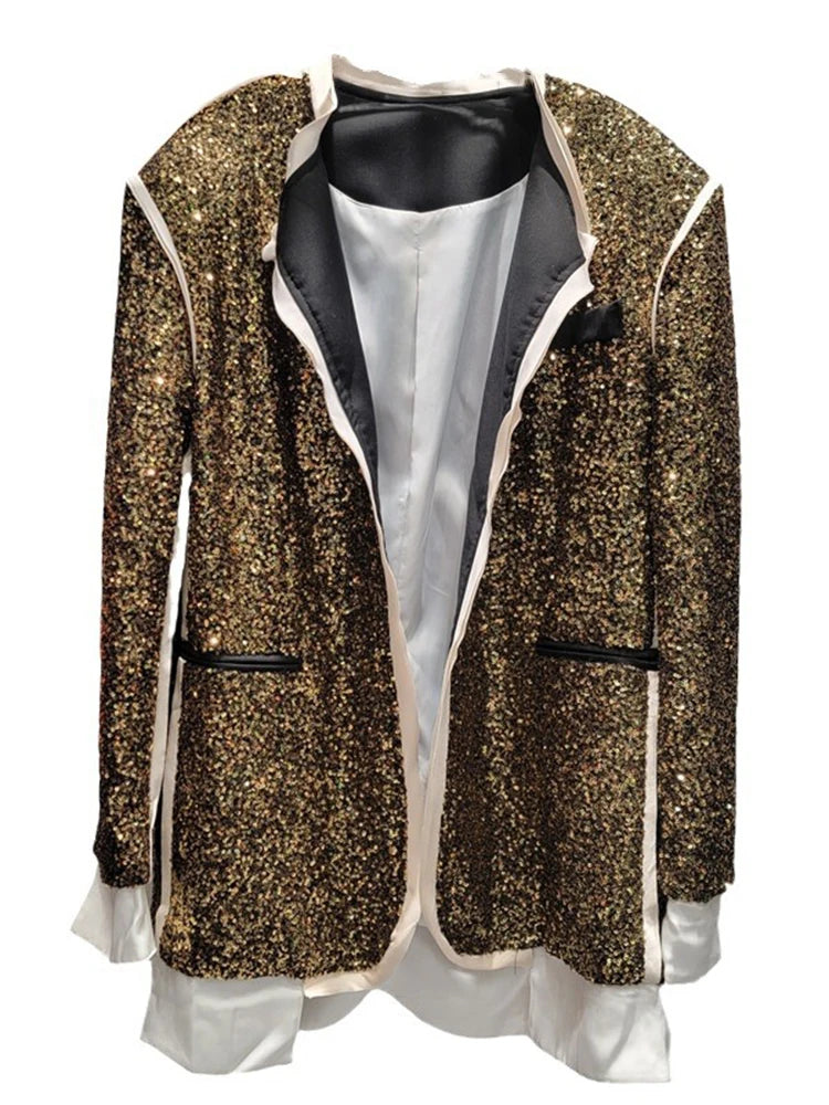 Sequins Patchwork Lapel Long Sleeve Loose Blazer