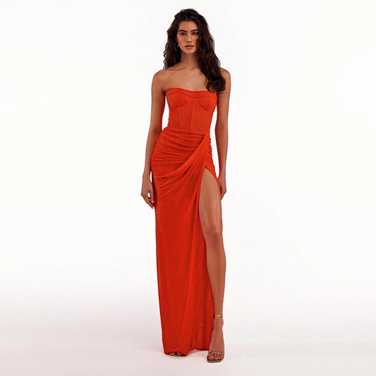 Strapless Tube Top Off Shoulder Pleated High Split Maxi Dress